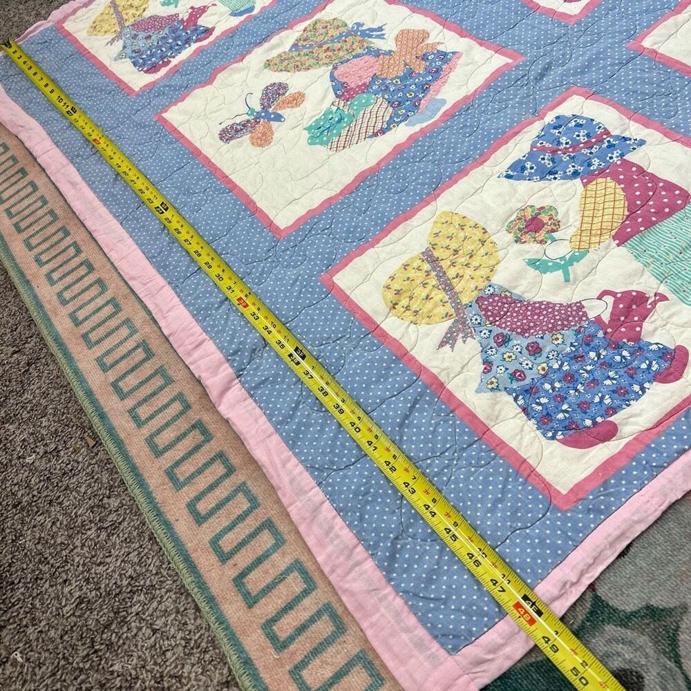 Vintage Sunbonnet Sue Sam Blue Pink Holly Hobby Style Bonnet Throw Quilt 49"x43" - Picture 7 of 15